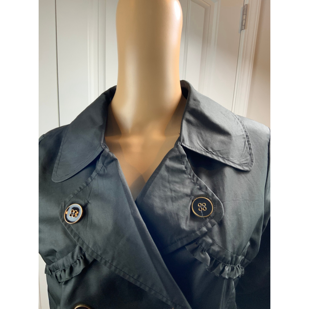Beverly Hills Polo Club Womens Black Trench Coat Lg Belted Waist Ruffled Design - Picture 3 of 16